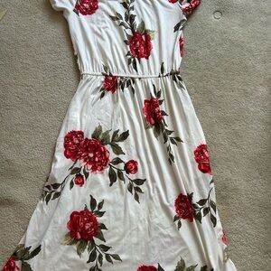 White Floral Midi Dress with Red Roses